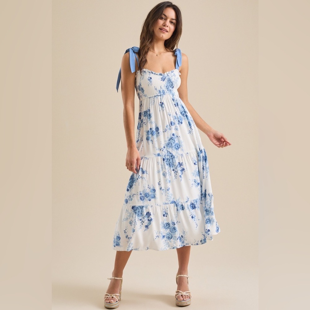 Altar'd State White Midi Dress with Blue Floral Print and Blue Tie Straps